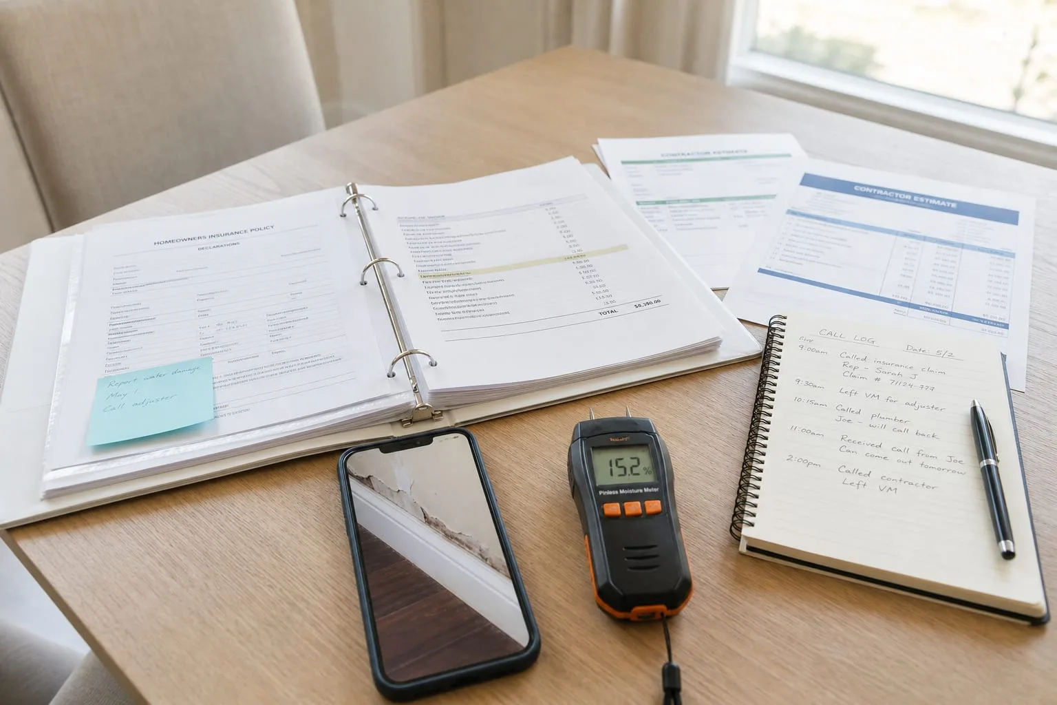 A kitchen table covered with an open ring binder of insurance paperwork, contractor estimates, a notebook with handwritten call notes, a phone showing a phot...