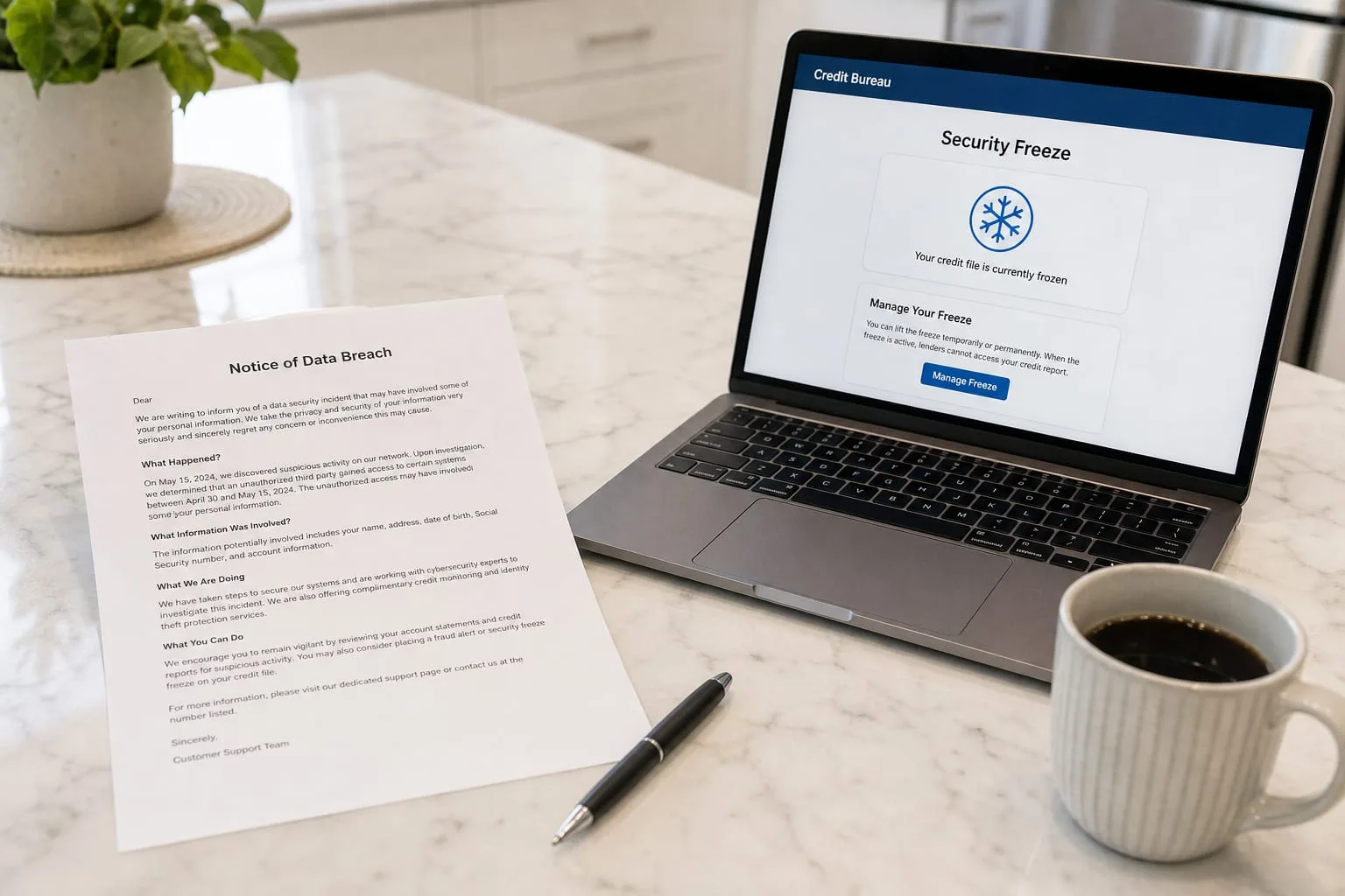 A printed data breach notification letter on a kitchen table beside an open laptop showing a credit bureau security freeze page, with a pen and a coffee cup...