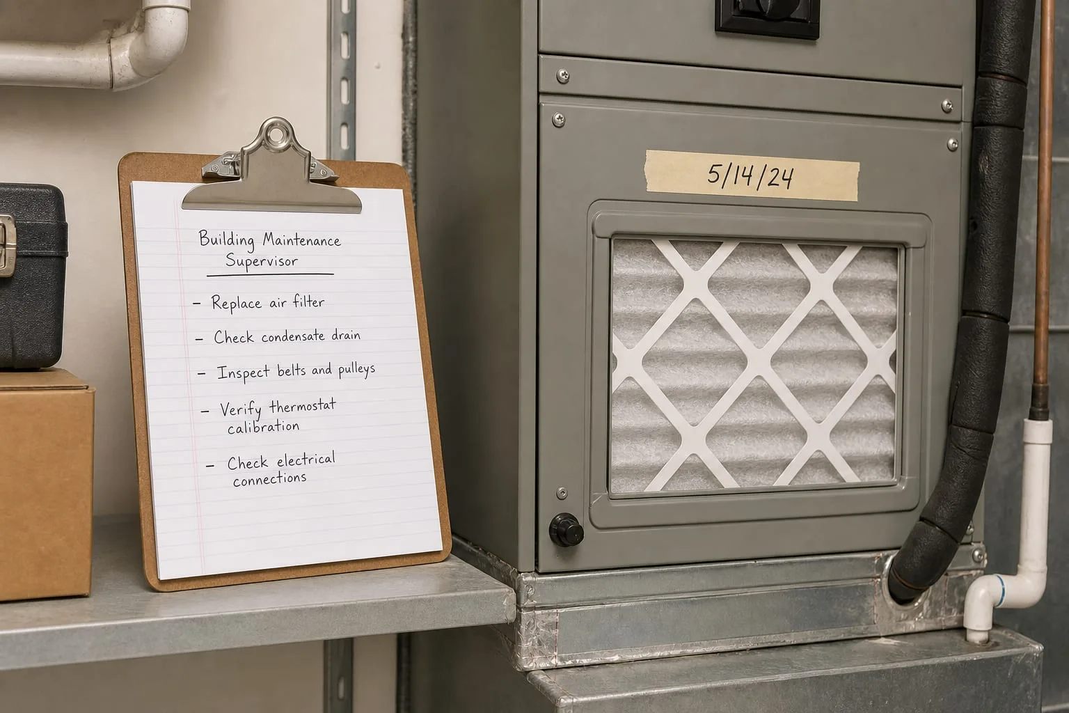 A building maintenance supervisor's clipboard with a short handwritten task list, resting on a utility room shelf beside an HVAC air handler with a dated str...