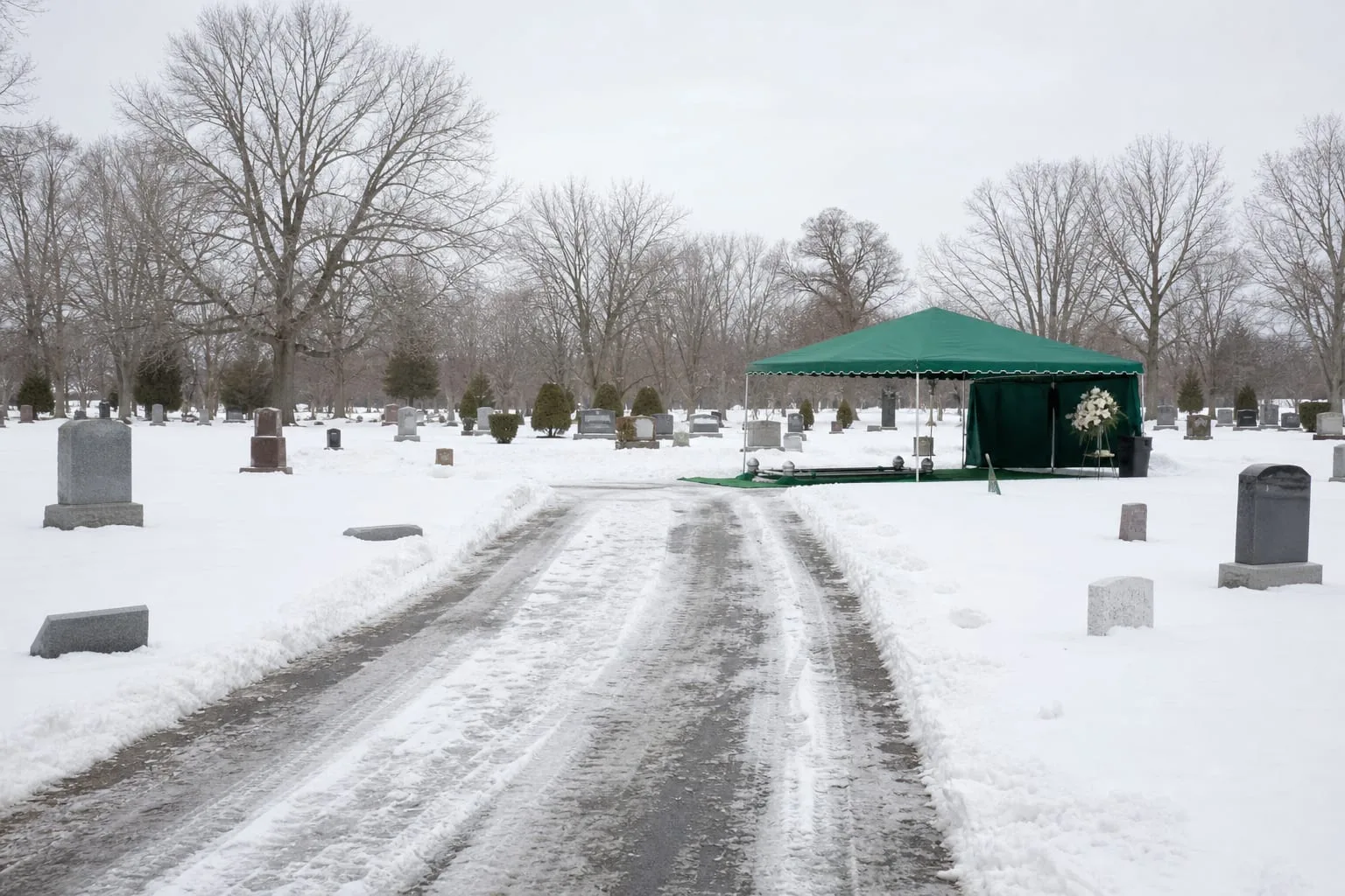 A snow-covered cemetery in winter with cleared tire tracks leading to a single open grave site, a green canopy tent set up beside it, bare trees in the backg...