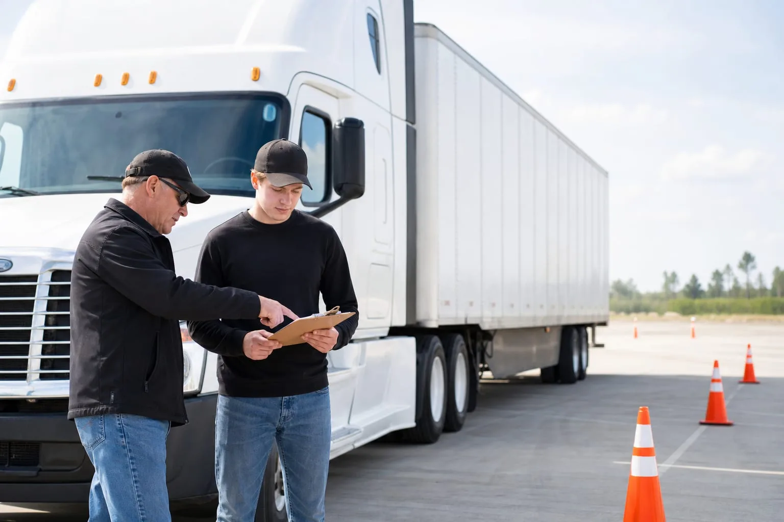 A student and instructor beside a tractor-trailer on a training range marked with orange cones, clipboard in hand
