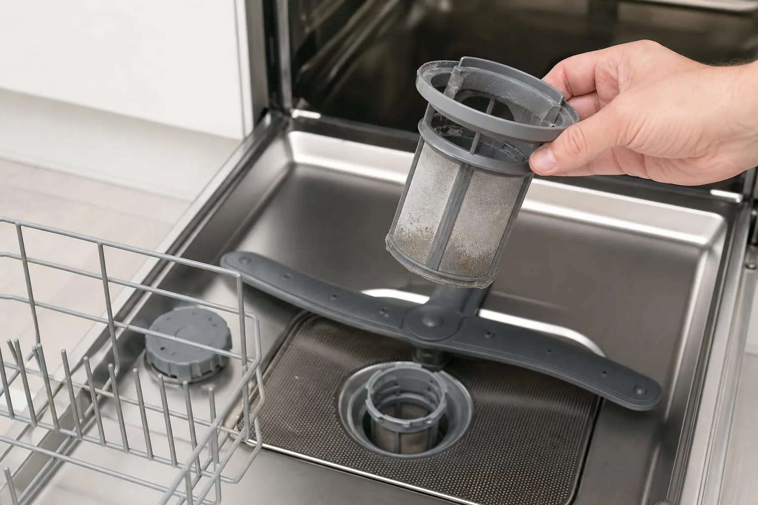 A cylindrical dishwasher filter twisted out and held above the open lower rack of a dishwasher, with the coarse screen and sump visible below