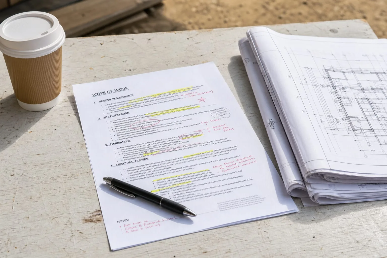 A marked-up printed scope of work document on a job site table, with a pen, a folded set of plans and a coffee cup beside it