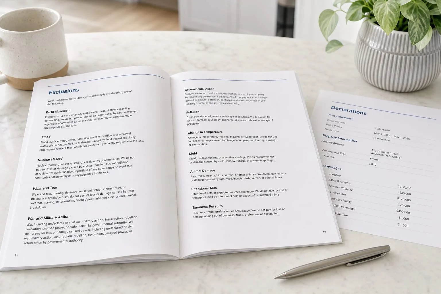 A homeowner's insurance policy booklet open on a kitchen table to a page of exclusions, with a declarations page and a pen beside it