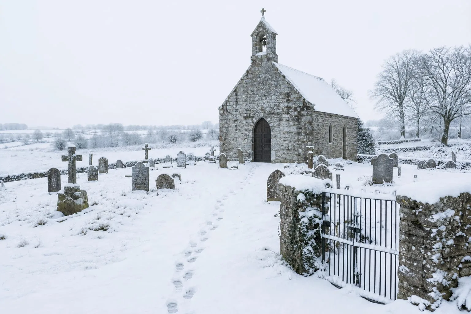 A snow-covered rural cemetery in winter with a small stone chapel and a closed maintenance gate, footprints leading between headstones