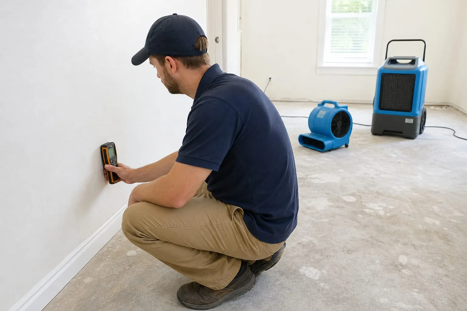 A restoration technician holding a pinless moisture meter against interior drywall near a baseboard, with an air mover and a dehumidifier positioned on the f...