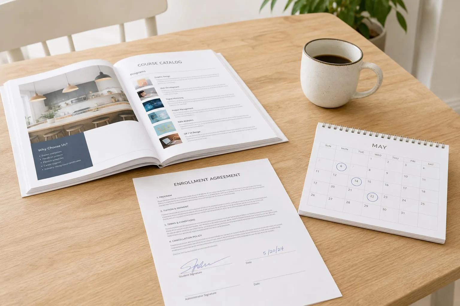 A kitchen table with an open school course catalog, a signed enrollment agreement, a pocket calendar with dates circled, and a mug beside them