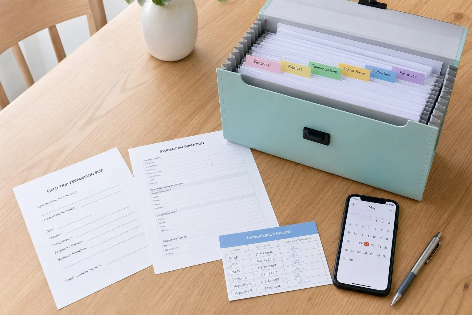 A kitchen table with an open accordion file folder, printed school forms, an immunization record card, a phone showing a calendar app, and a pen