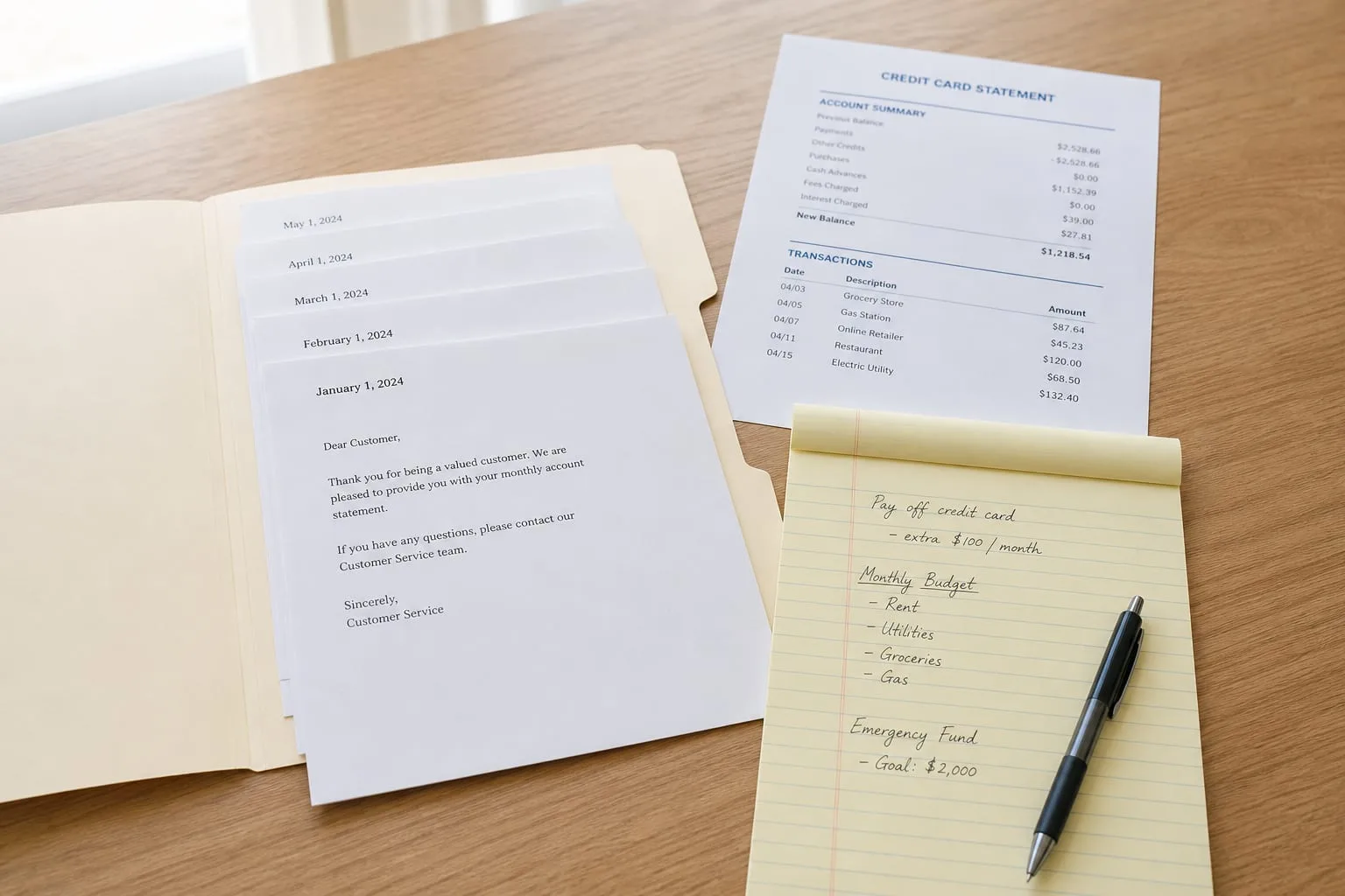 A kitchen table with a manila folder open, dated printed letters stacked in order, a credit card statement, and a pen resting on a legal pad with handwritten...