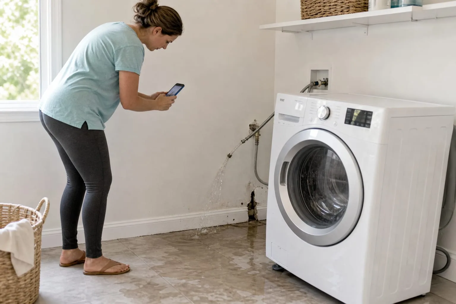 A homeowner standing in a laundry room beside a washing machine pulled away from the wall, photographing a wet floor and a burst supply line with a phone