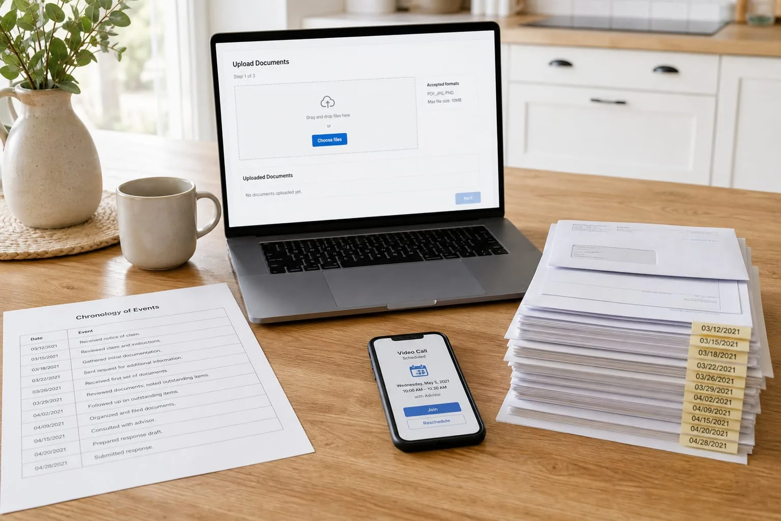 A kitchen table with a printed one-page chronology, a stack of dated invoices and letters in order, a laptop open to a document upload page, and a phone show...