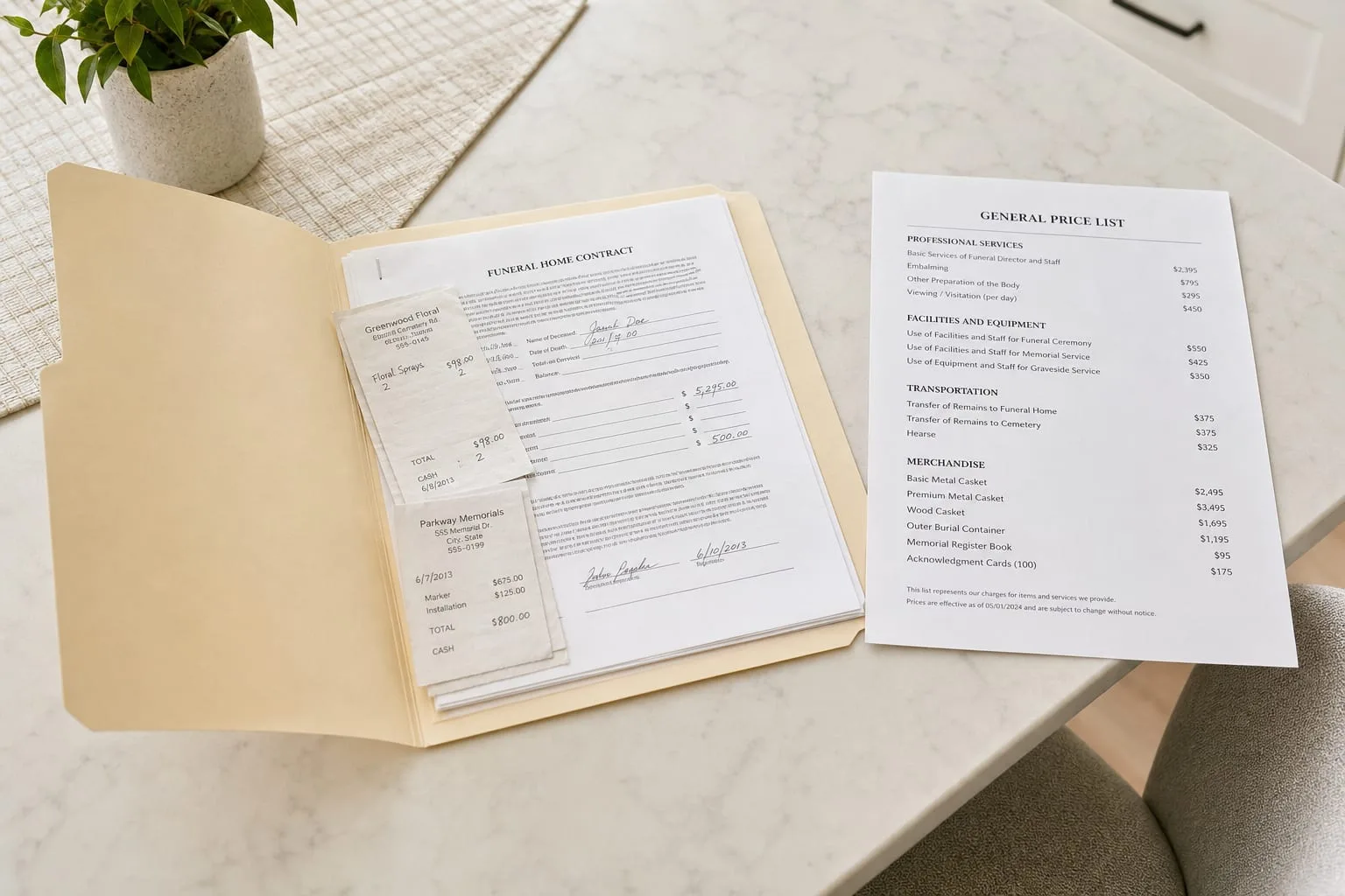 A manila folder open on a kitchen table, holding a stapled funeral home contract and receipts from a decade earlier, beside a freshly printed itemized price...