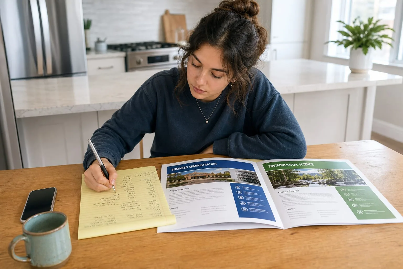 A person at a kitchen table with two college program brochures open side by side, a legal pad covered in handwritten cost calculations, and a phone beside a mug