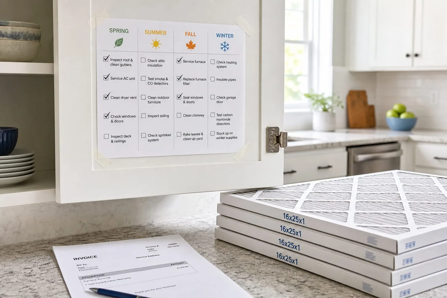 A printed seasonal home maintenance calendar taped to the inside of a kitchen cabinet door, several lines checked off in pen, with a service company's invoic...