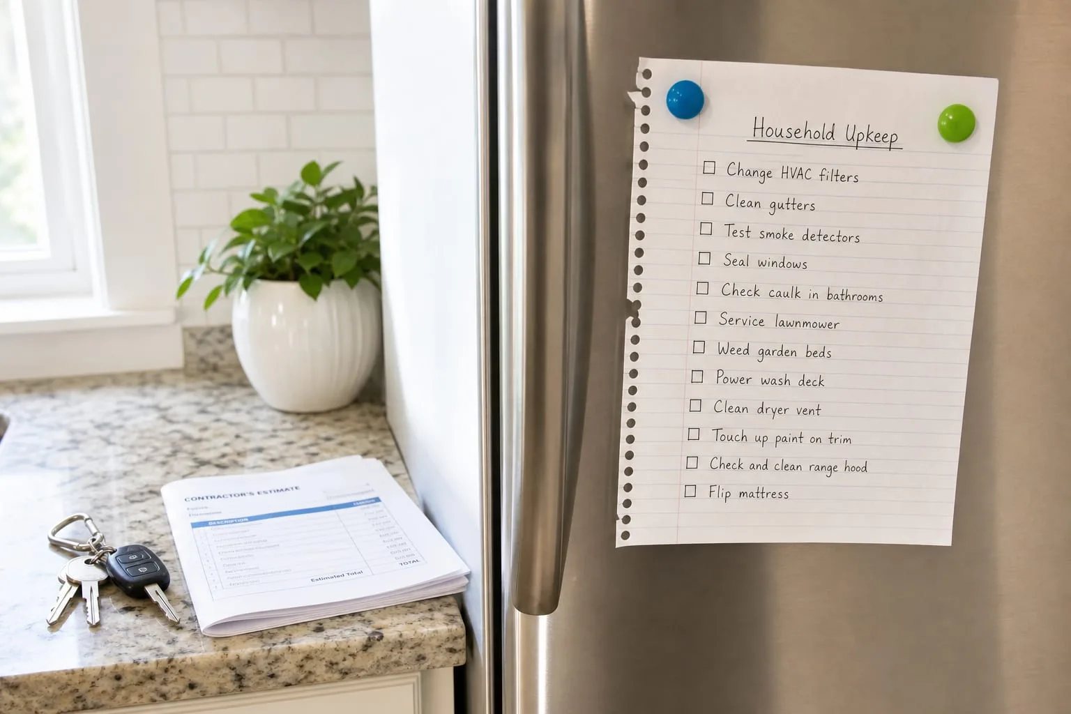 A handwritten list of household upkeep tasks on lined paper held to a refrigerator door with magnets, a set of keys and a folded contractor's estimate on the...