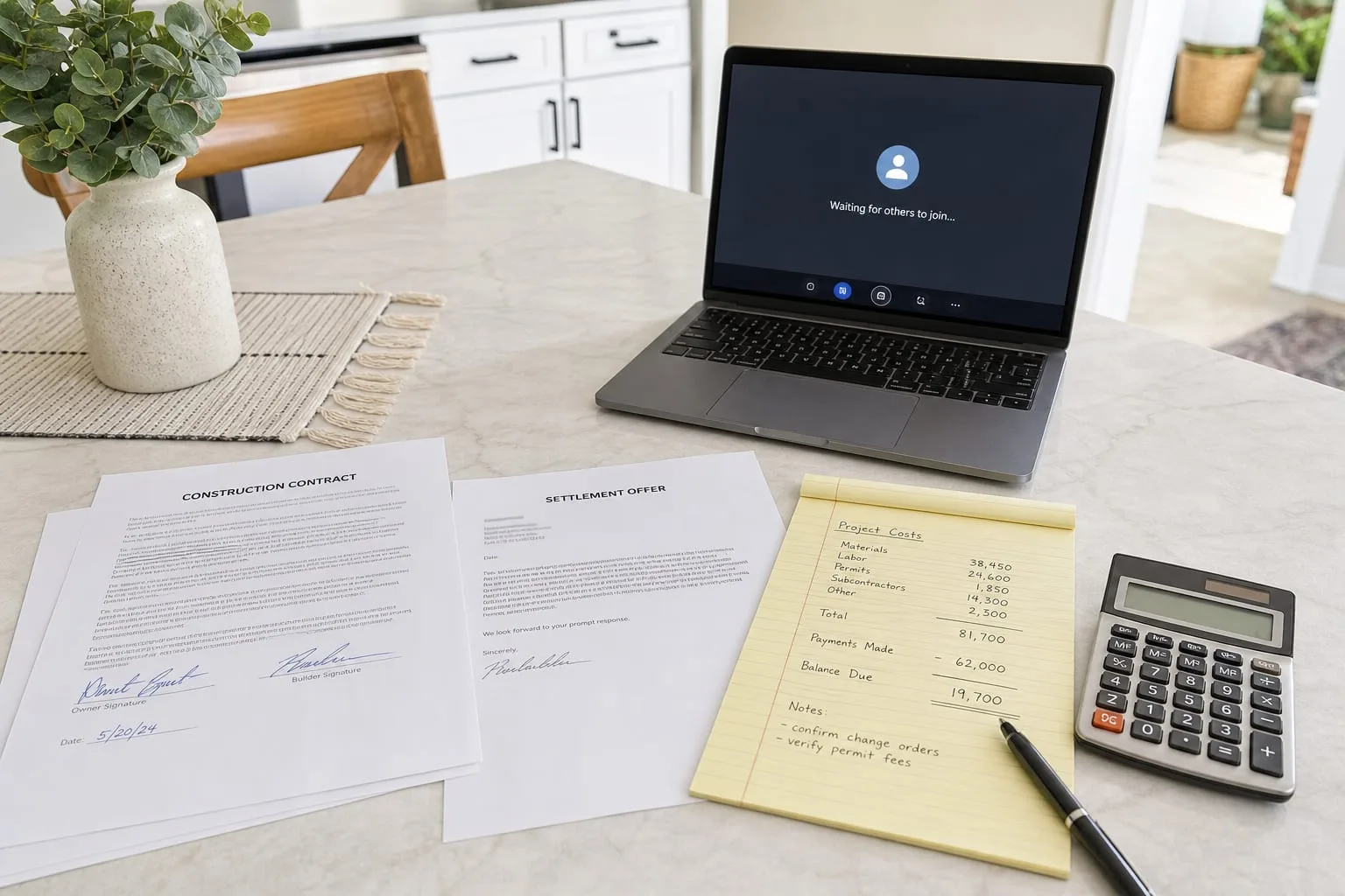 A kitchen table with a signed construction contract, a settlement offer letter, a legal pad with handwritten figures, a calculator and a laptop open to a vid...