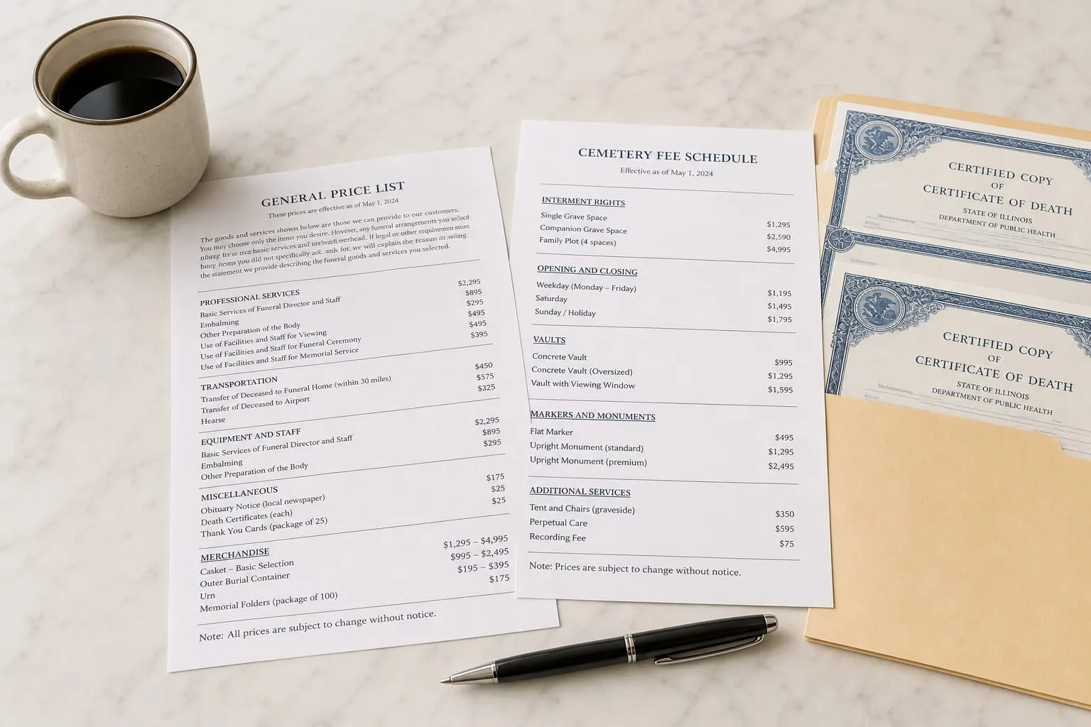 An itemized funeral home general price list and a separate cemetery fee schedule laid side by side on a kitchen table, with a pen, a folder of certified deat...