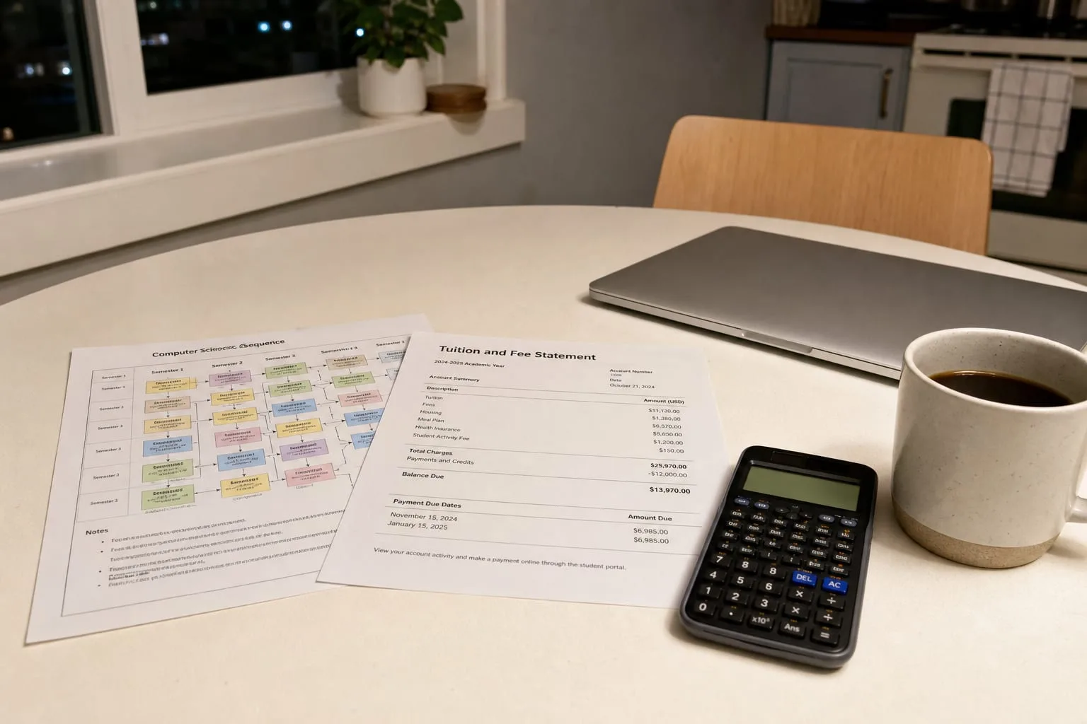 A student's kitchen table at night with a printed course sequence chart, a tuition and fee statement, a calculator, and a coffee mug beside a closed laptop