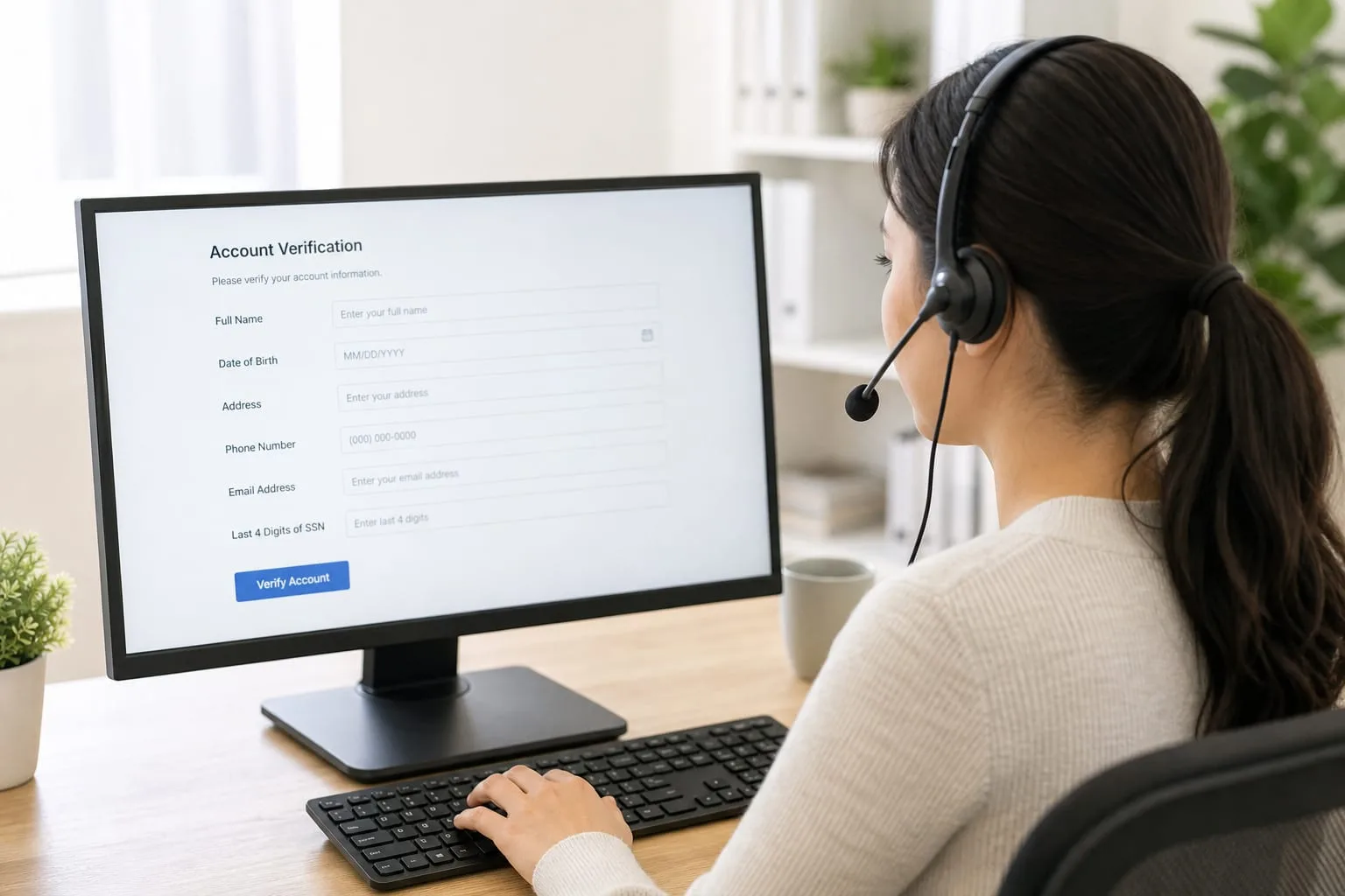 A customer service representative at a desk wearing a telephone headset, viewed over the shoulder of a computer monitor showing an account verification form