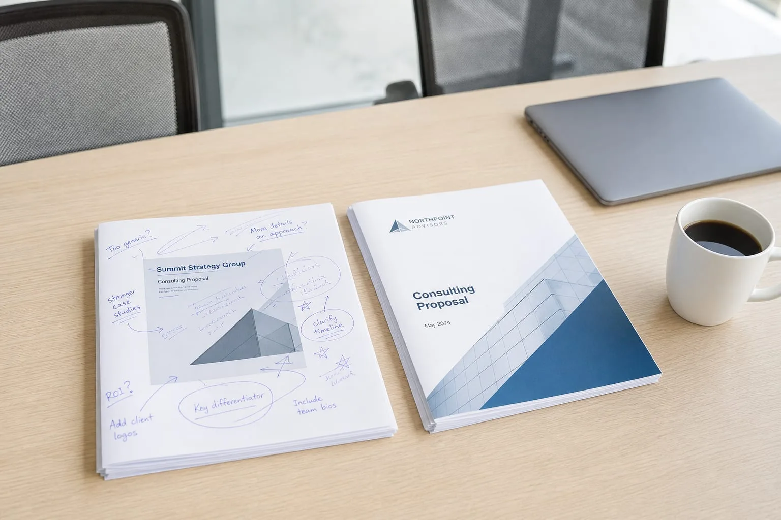 A conference room table with two competing consulting proposals laid side by side, one heavily annotated in pen, alongside a coffee cup and a closed laptop