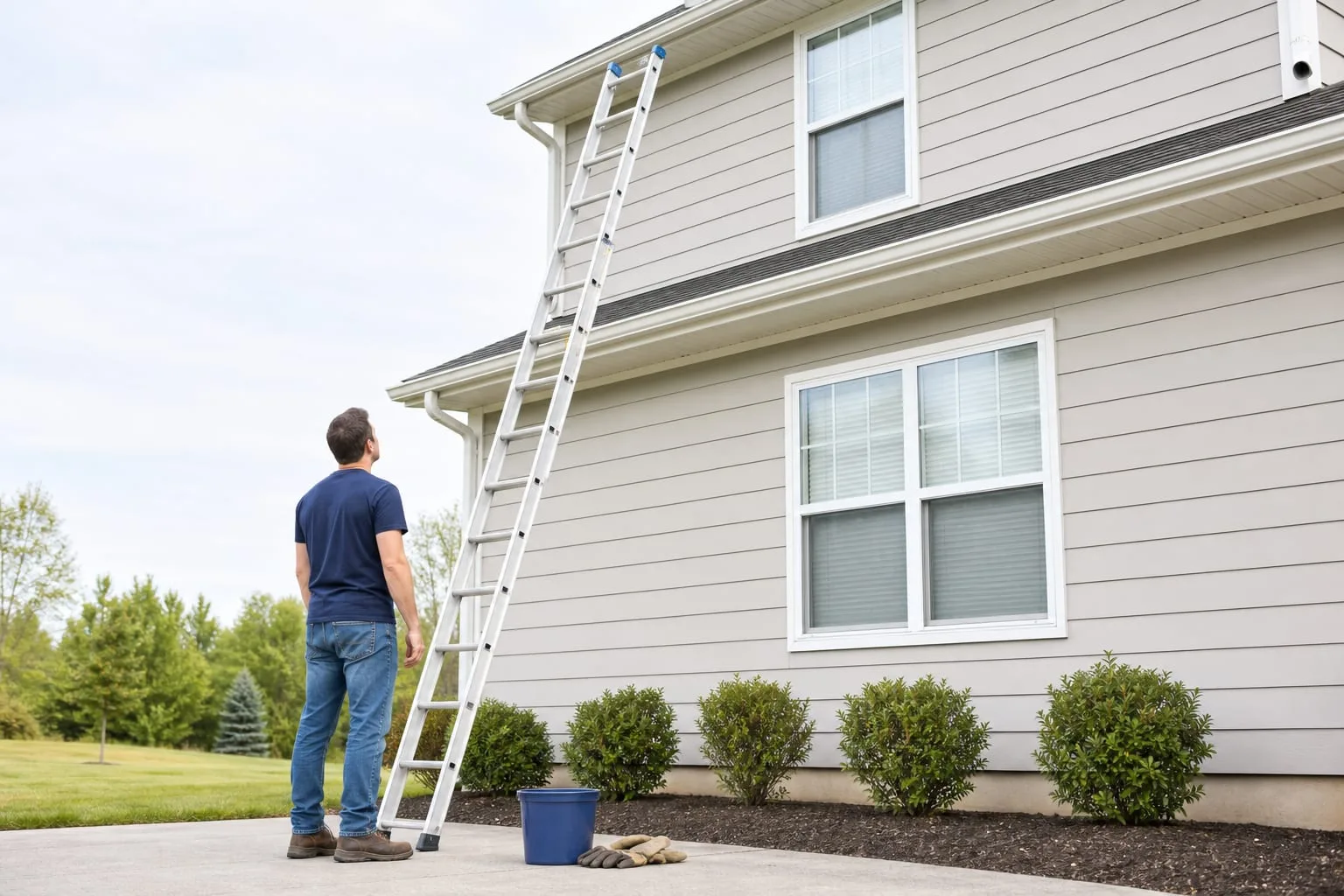 A homeowner standing at the base of an extension ladder against a two-story house, looking up at a gutter line, with a bucket and work gloves on the ground b...