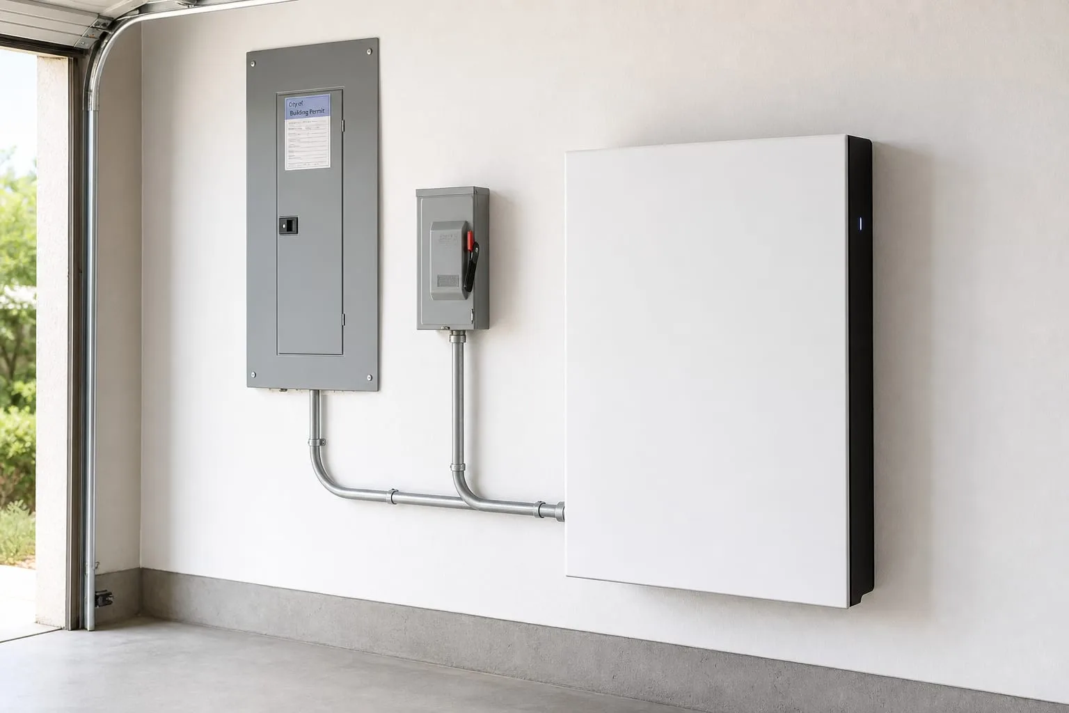 A wall-mounted residential battery storage unit installed in a home garage beside an electrical panel and disconnect switch, with a conduit run and permit st...