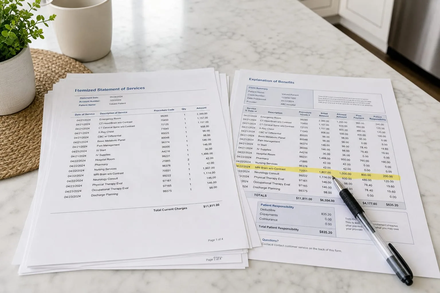 A multi-page itemized hospital statement spread across a kitchen table beside an insurer's explanation of benefits, with a pen and a highlighted line of proc...