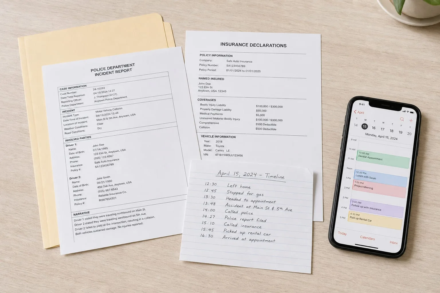 A kitchen table with a manila folder, a printed police report, an insurance declarations page, a handwritten timeline on lined paper, and a phone showing a c...