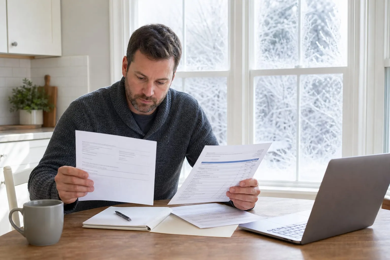 A homeowner at a kitchen table in winter with an insurance declarations page, a contractor's written estimate and a laptop open, frost on the window behind