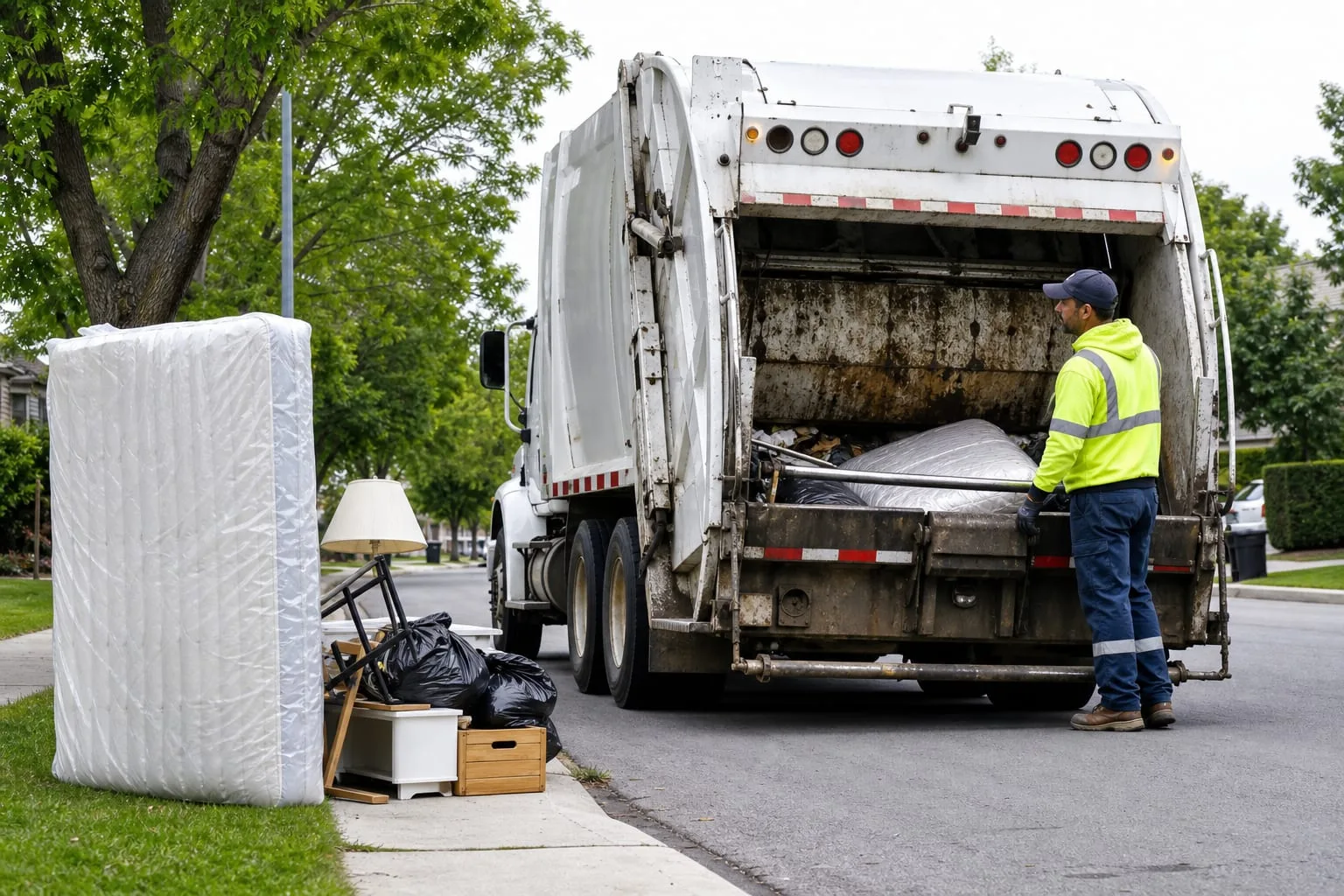 A residential curb on collection morning with a wrapped mattress, a small pile of household items, and a sanitation truck with a worker standing beside the h...