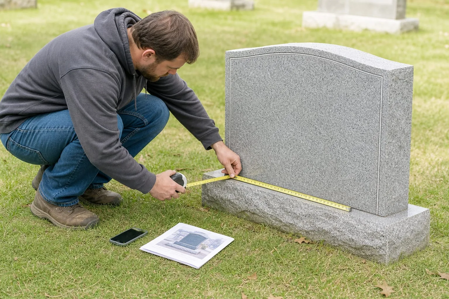A person crouched beside a granite headstone in a cemetery holding a retractable tape measure across its base, a phone and a folded printed proof sheet resti...