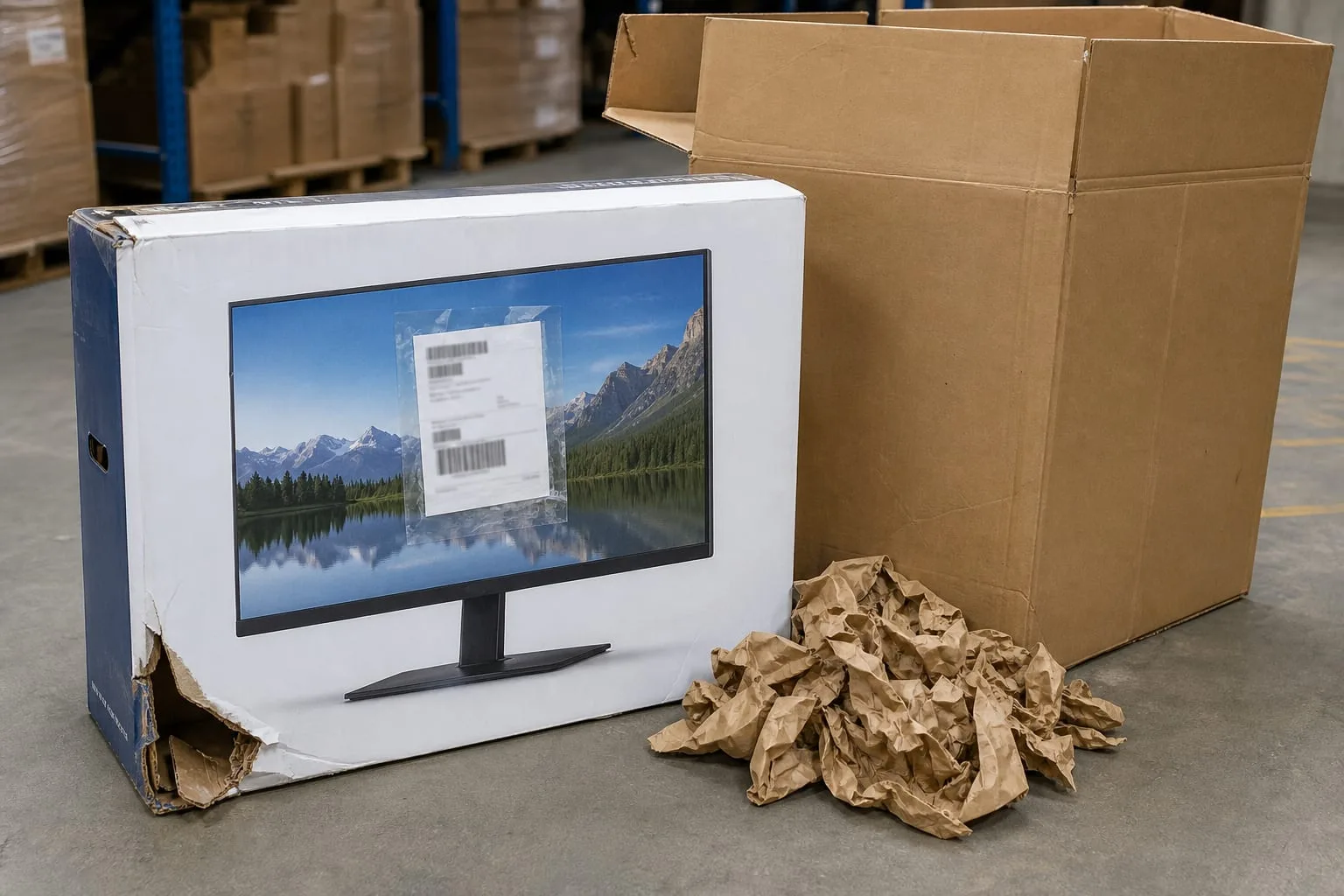 A large flat-screen monitor's printed retail carton with a shipping label taped over the product artwork, one corner visibly crushed, sitting on a warehouse...