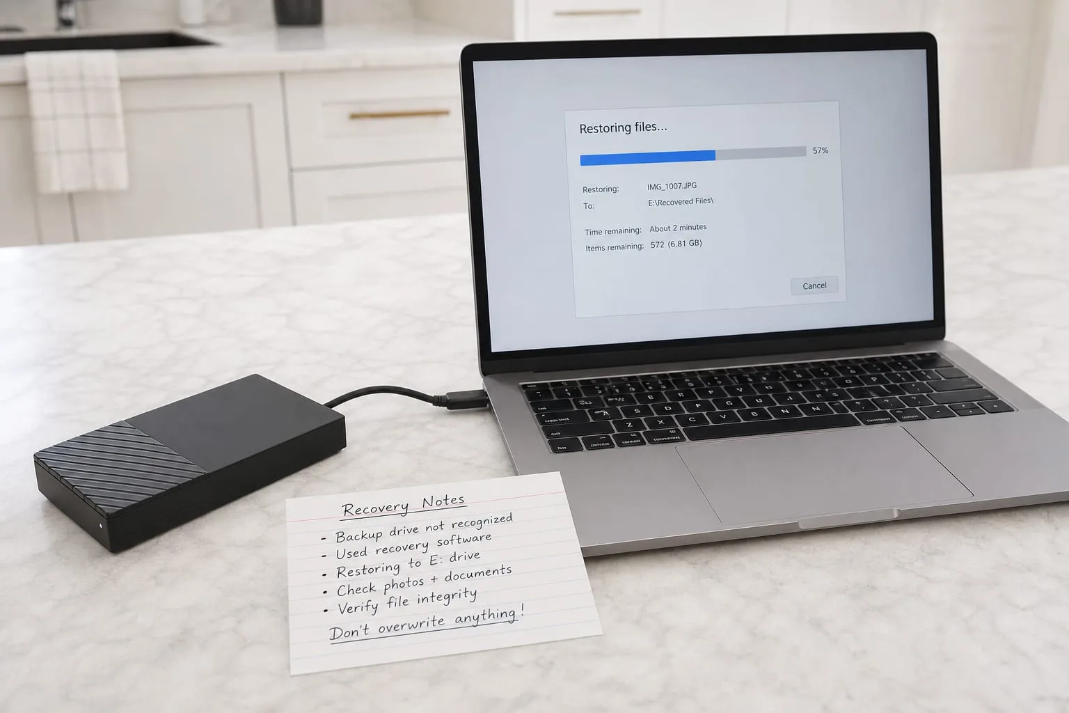 An external hard drive and a handwritten index card of recovery notes on a kitchen table next to an open laptop showing a file restore in progress