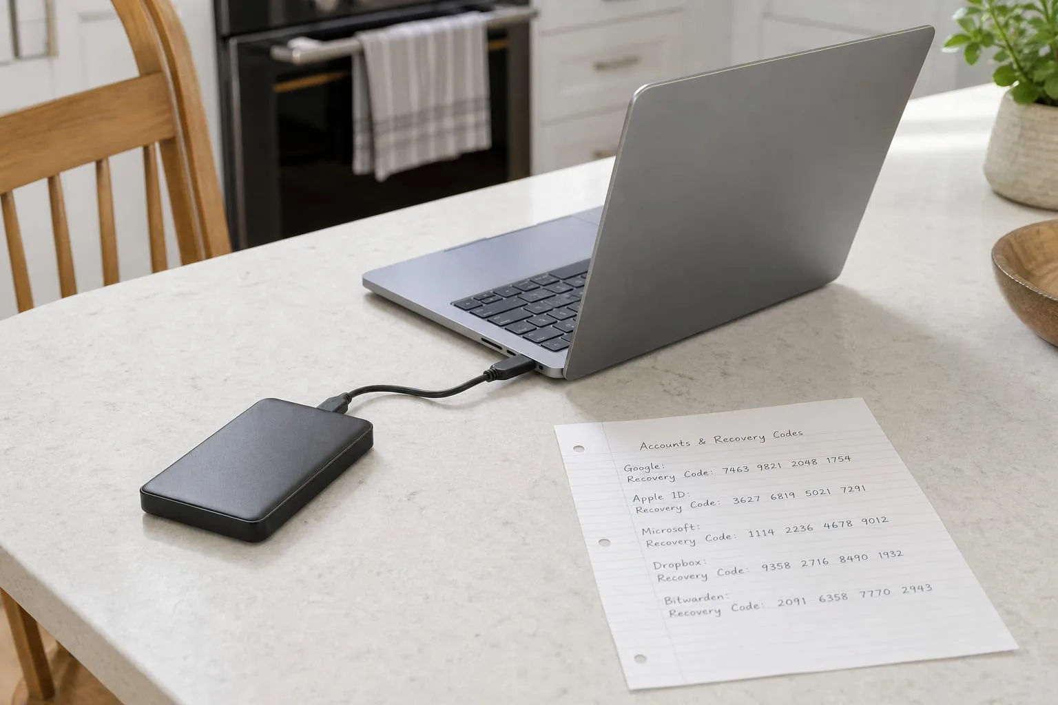 An external hard drive connected to a laptop on a kitchen table, beside a handwritten sheet of paper listing account names and recovery codes