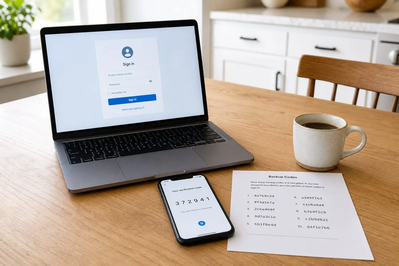 A kitchen table with a laptop open to a login screen, a phone displaying a six-digit verification code, and a printed sheet of backup codes beside a coffee cup