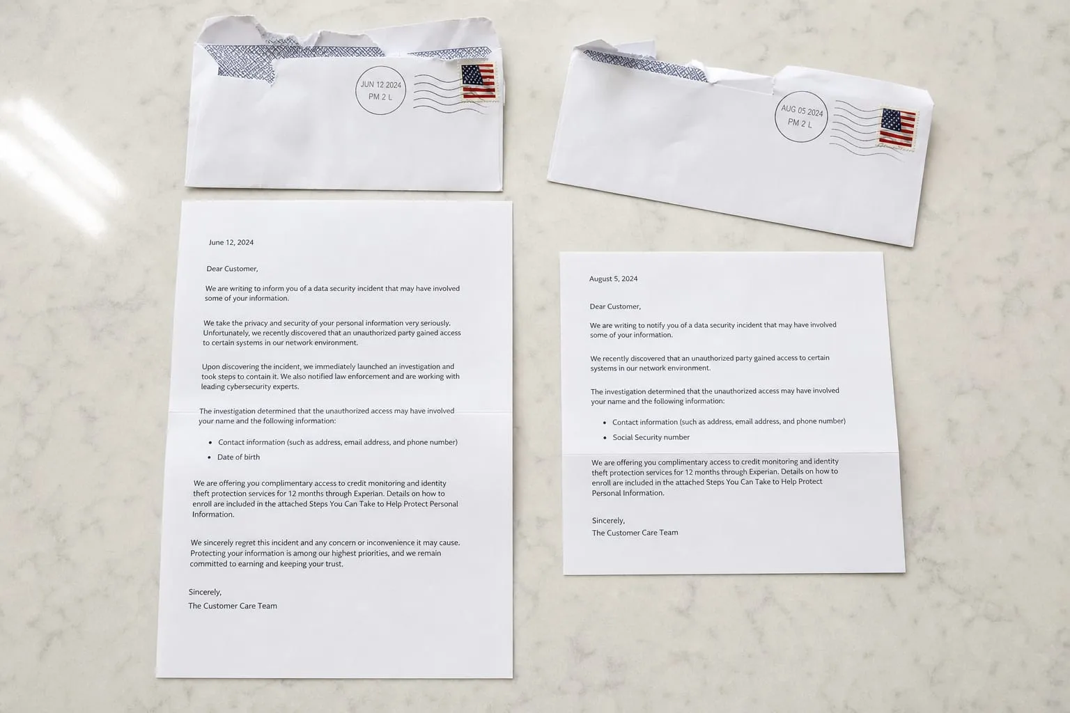 Two data breach notification letters from the same company laid side by side on a kitchen table, one noticeably longer than the other, with their opened enve...