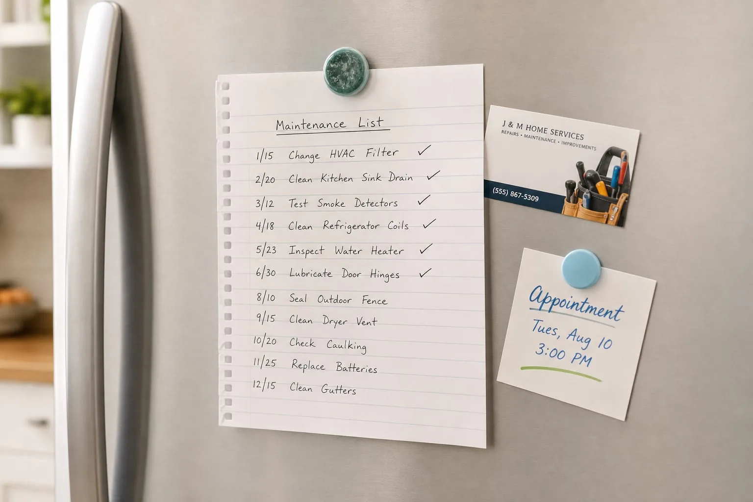 A kitchen refrigerator door with a handwritten maintenance list on lined paper held by magnets, several lines dated and checked off, a contractor's business...