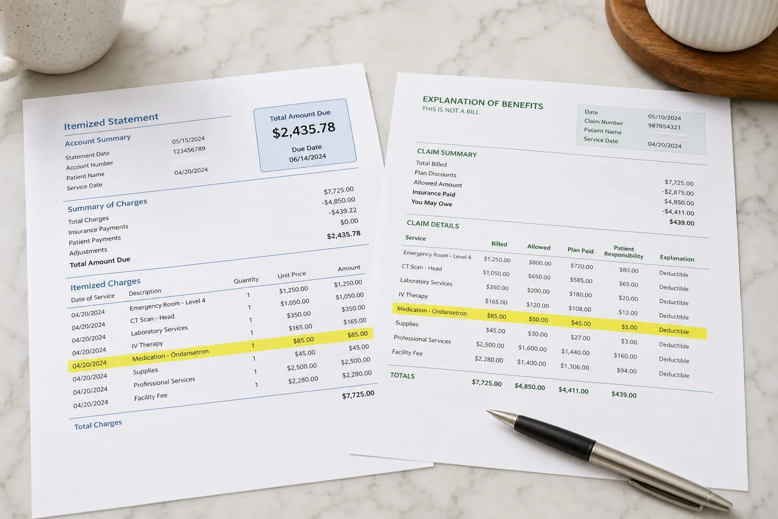 A hospital itemized billing statement and an insurance explanation of benefits laid side by side on a kitchen table, with a pen and a highlighted line item