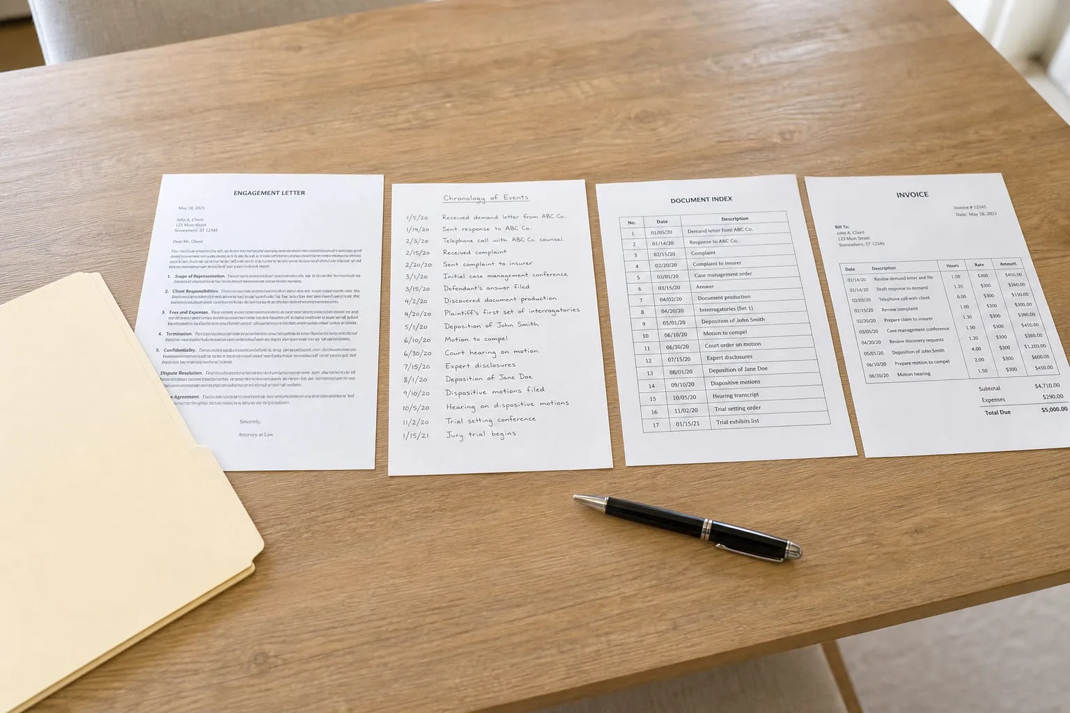A kitchen table with a printed attorney engagement letter, a one-page handwritten chronology, a numbered document index, and an itemized invoice laid side by...