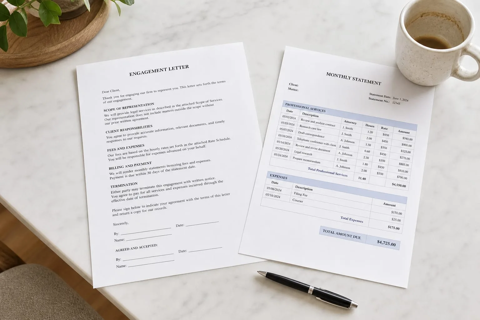 A law firm engagement letter and an itemized monthly billing statement laid side by side on a kitchen table, with a pen and a half-finished cup of coffee