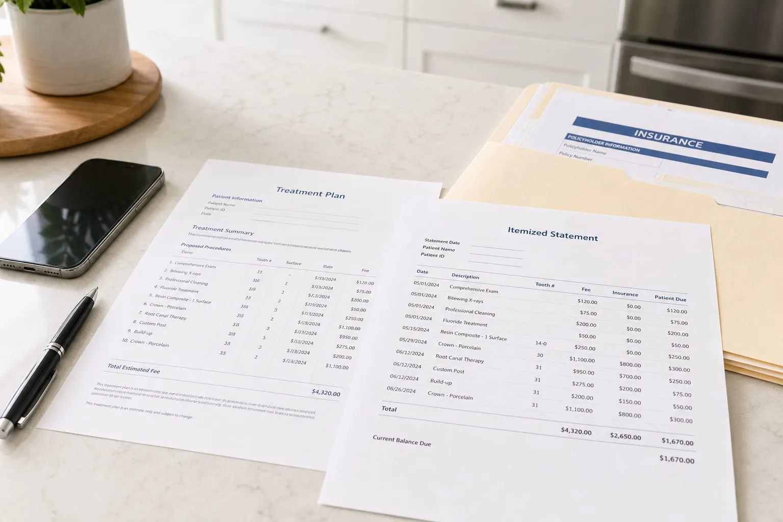 A printed multi-page treatment plan and itemized statement spread on a kitchen table beside a pen, a phone, and a folder of insurance paperwork