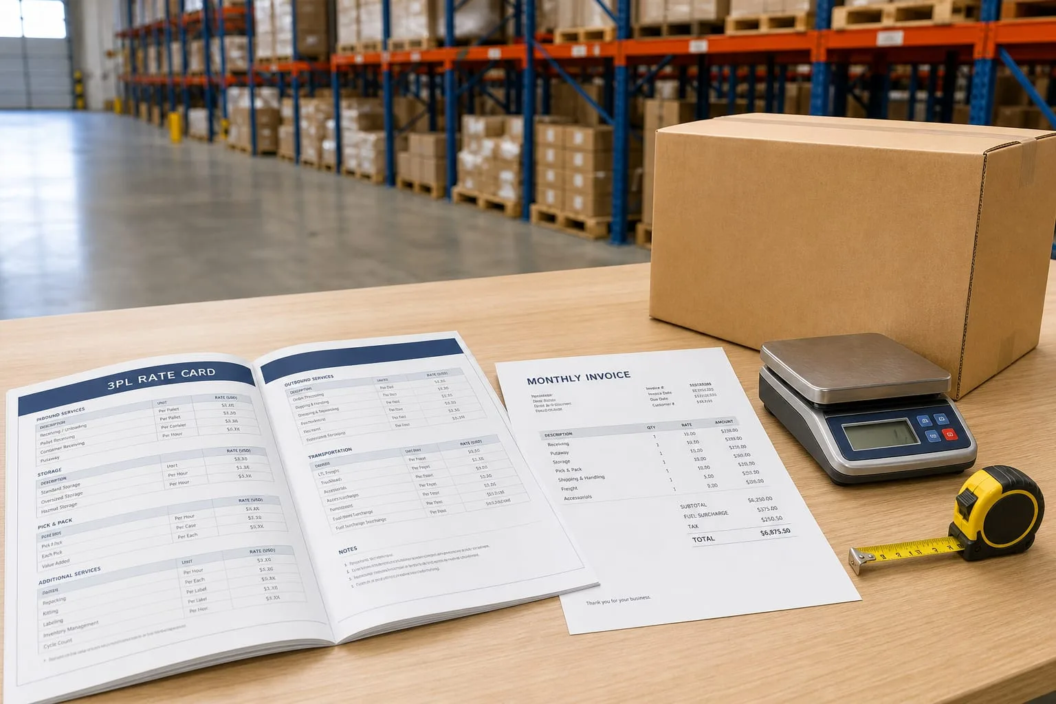 A warehouse desk with an open 3PL rate card and a monthly invoice side by side, a corrugated shipping carton with a scale and measuring tape beside them, pal...