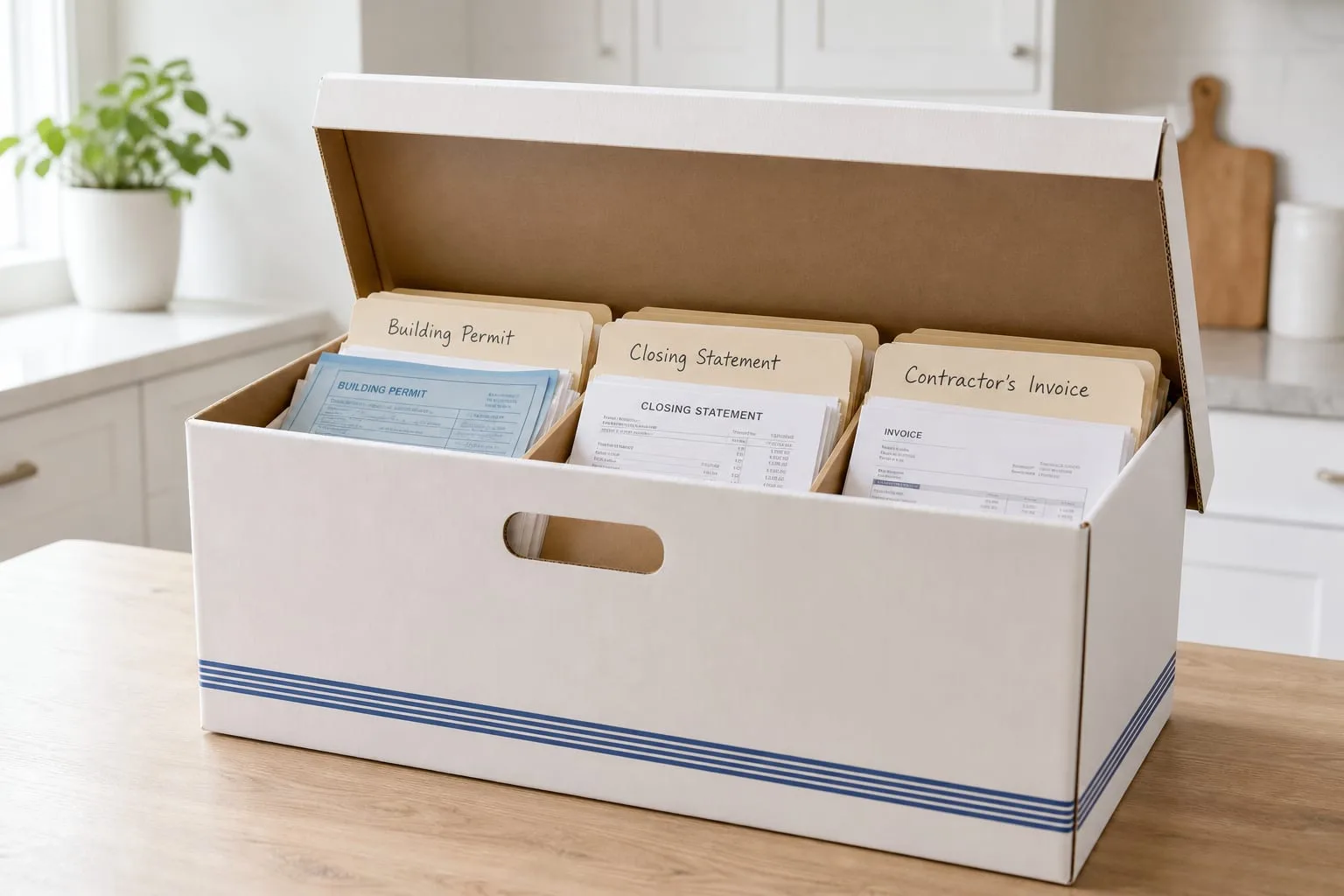 An open banker's box of household paperwork on a kitchen table, with a building permit card, a closing statement and a contractor's invoice separated into th...