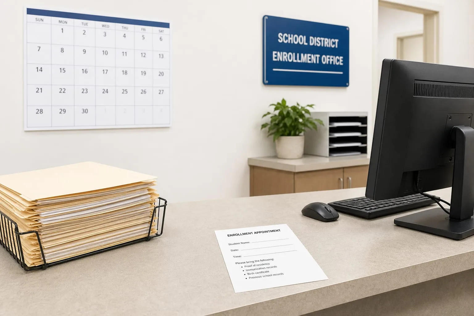 A school district enrollment office counter with a wall calendar, a stack of manila folders, and a printed appointment slip beside a computer monitor