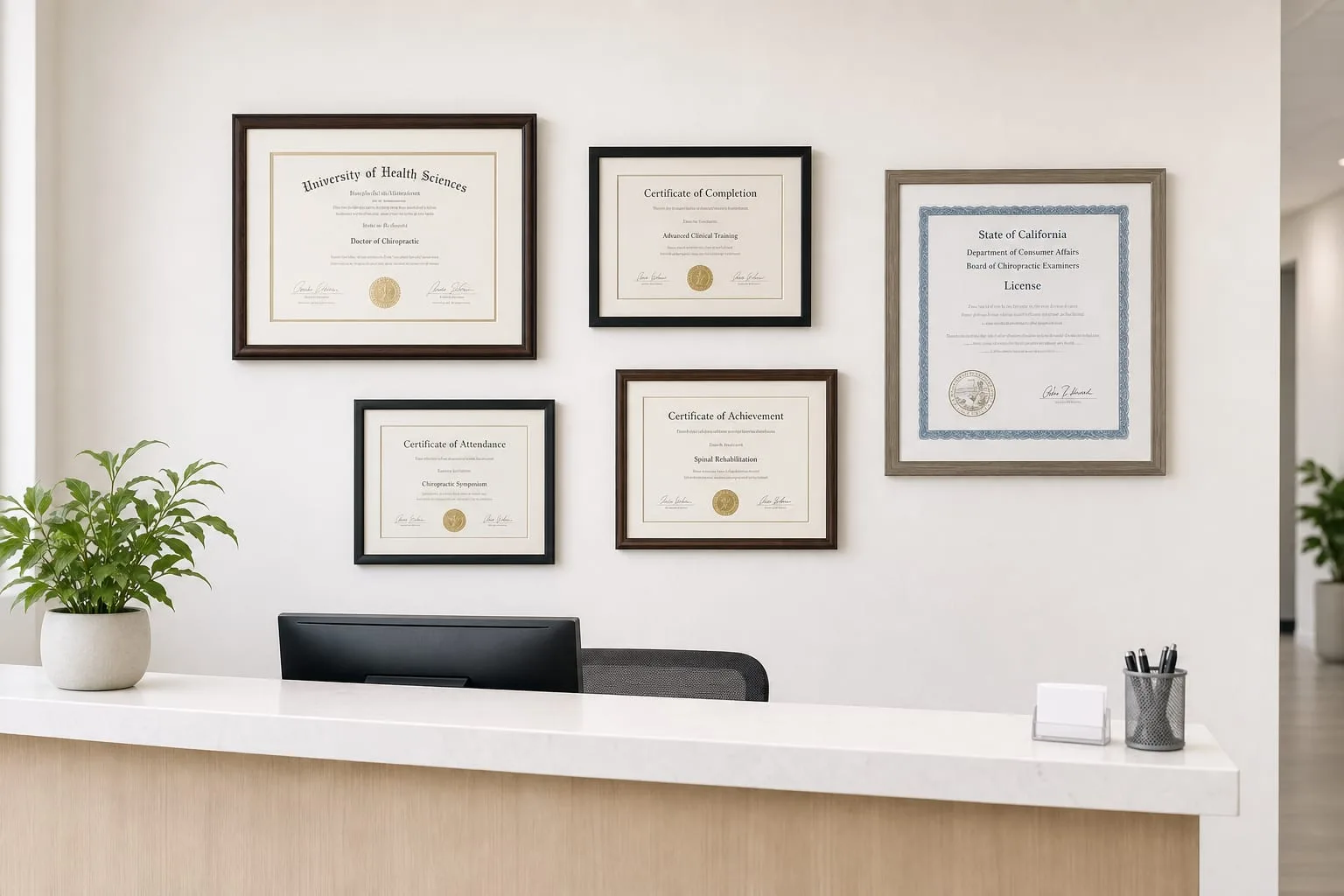 A clinic reception wall displaying several framed certificates and a state license at slightly different sizes, with an empty check-in desk in the foreground