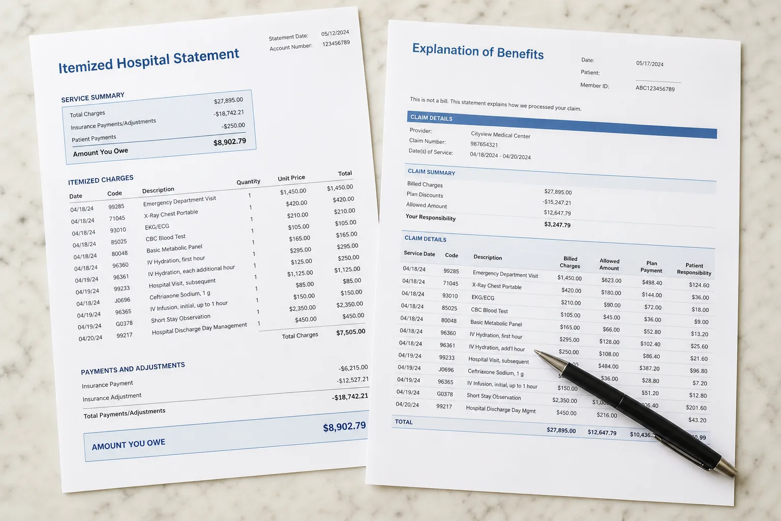 An itemized hospital statement and an insurance explanation of benefits laid side by side on a kitchen table, with a pen resting across one of the coded line...