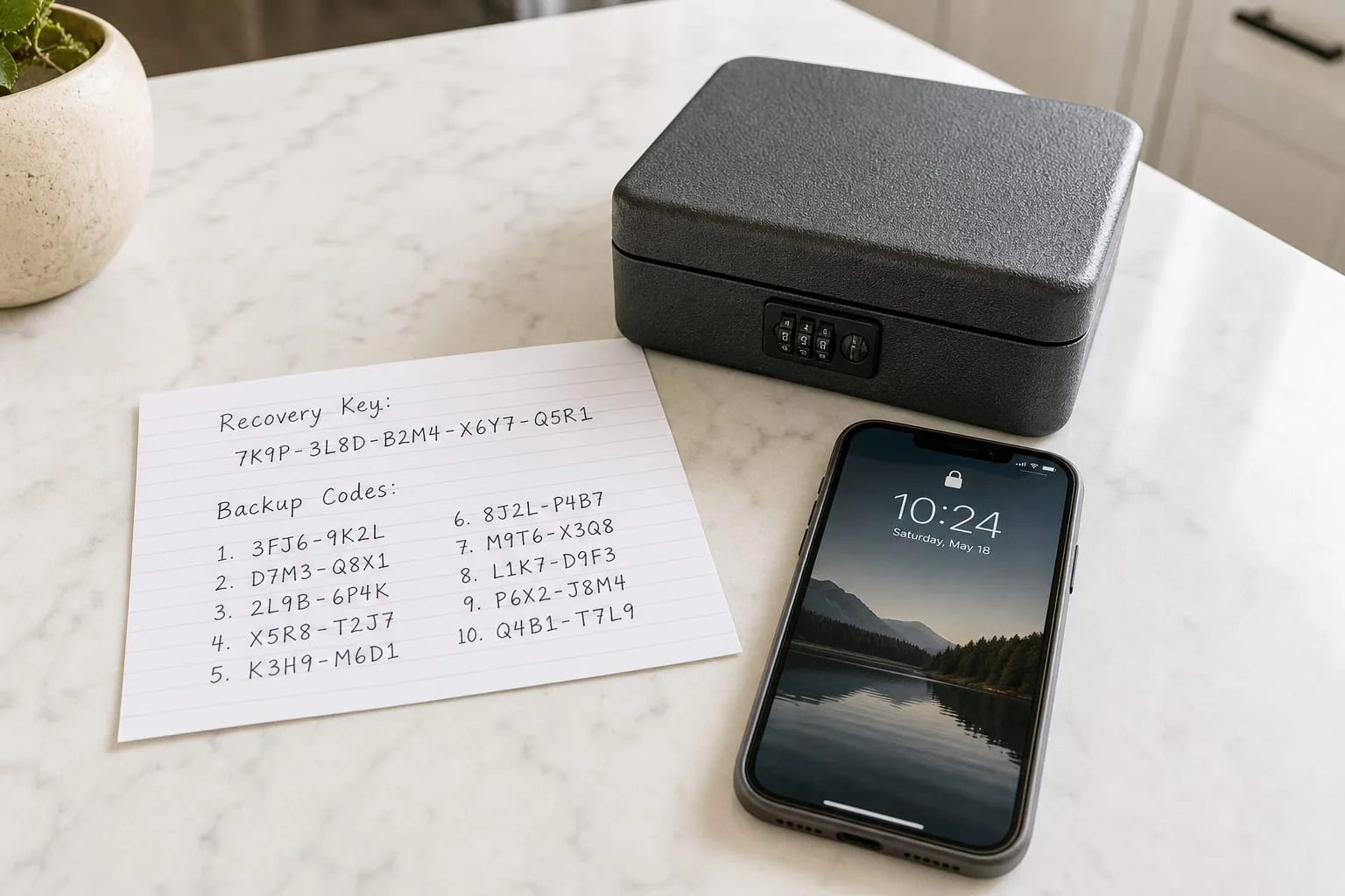A handwritten index card listing a recovery key and backup codes, resting beside a closed small fireproof document box and a phone showing a lock screen on a...