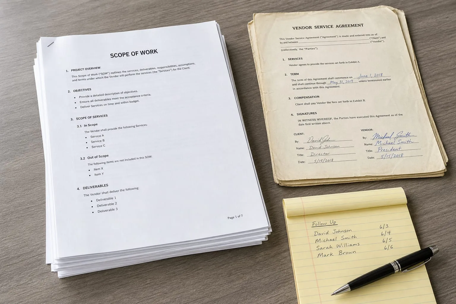 A printed multi-page scope of work document on a desk beside an older signed vendor service agreement, with a pen and a legal pad listing names and dates