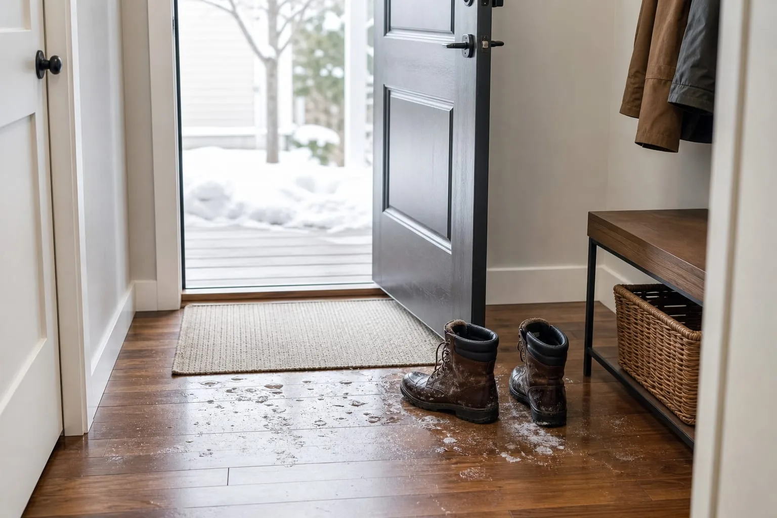 A residential entry hall in winter with melting snow and white salt residue on a hardwood floor just inside the door, a pair of wet boots, and a short mat th...