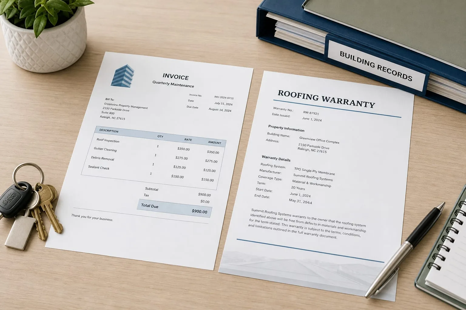 A quarterly maintenance invoice and a roofing warranty document laid side by side on a property manager's desk beside a ring of keys and a folder of building...